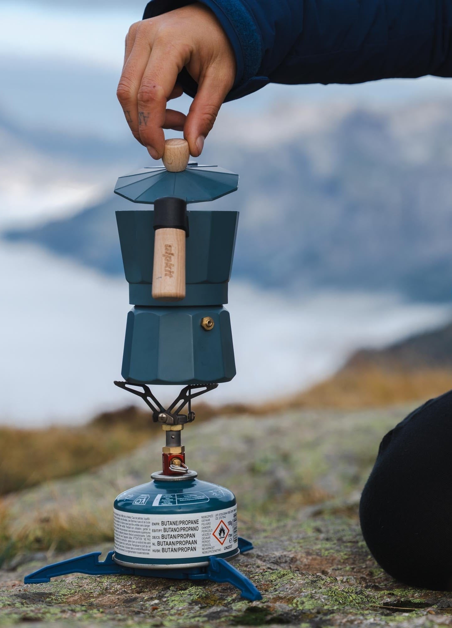 Alpkit Kraku camping stove heating a MyMokka coffee pot