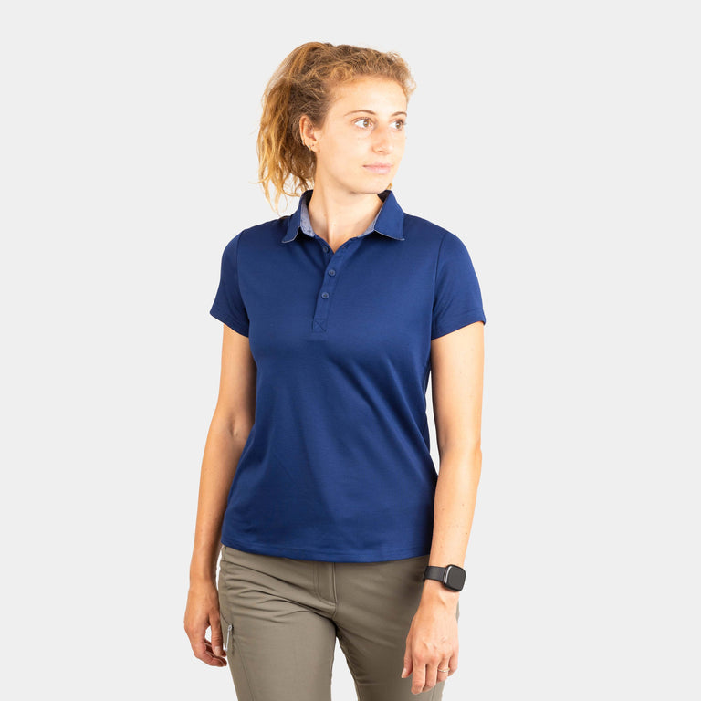 alpkit womens Cabrera polo shirt in navy blue - closed