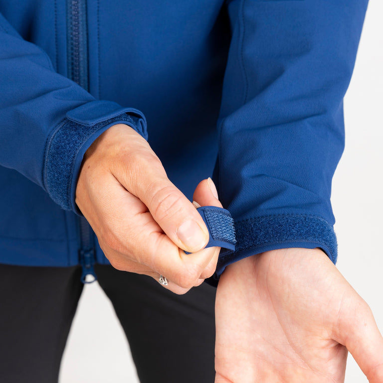 alpkit womens resolute softshell jacket in memo blue cuff - closed