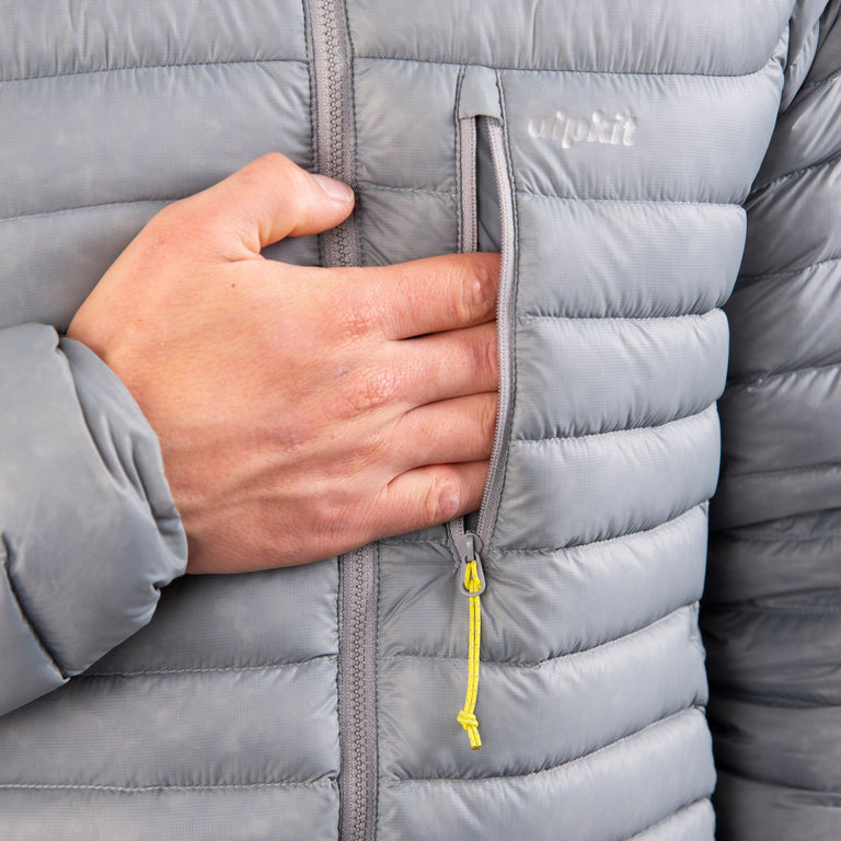 alpkit halogen mens ultralight down jacket in mercury chest pocket - detail|sl