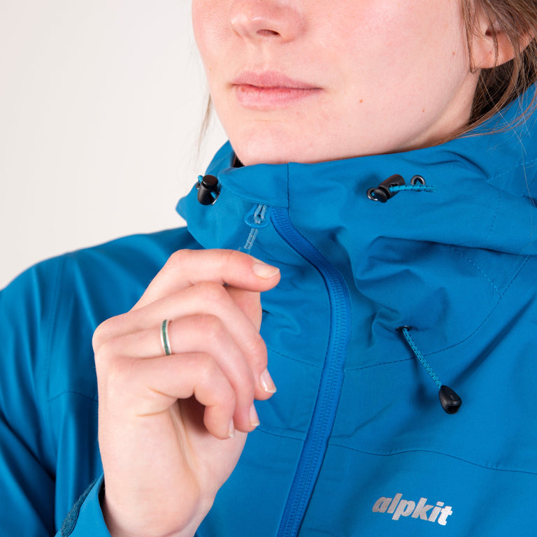 alpkit womens balance waterproof jacket in reef blue zip|rg