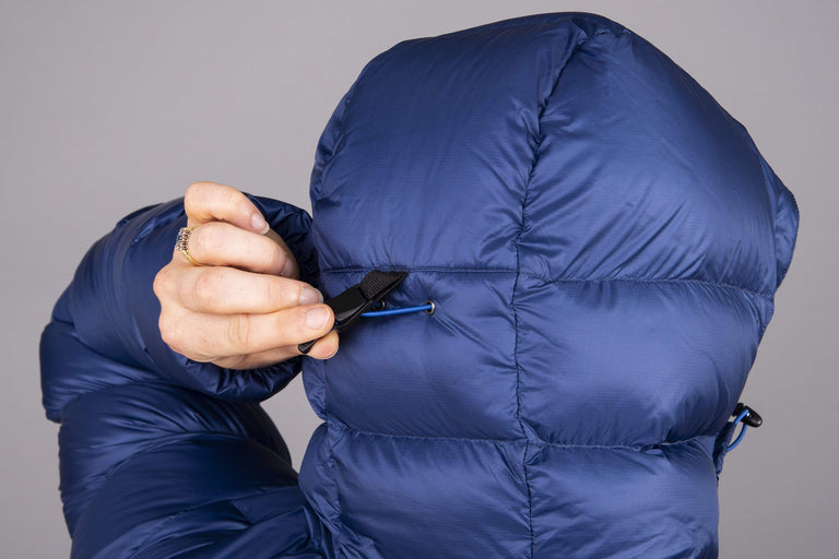 alpkit womens fantom down jacket in demo hood rear