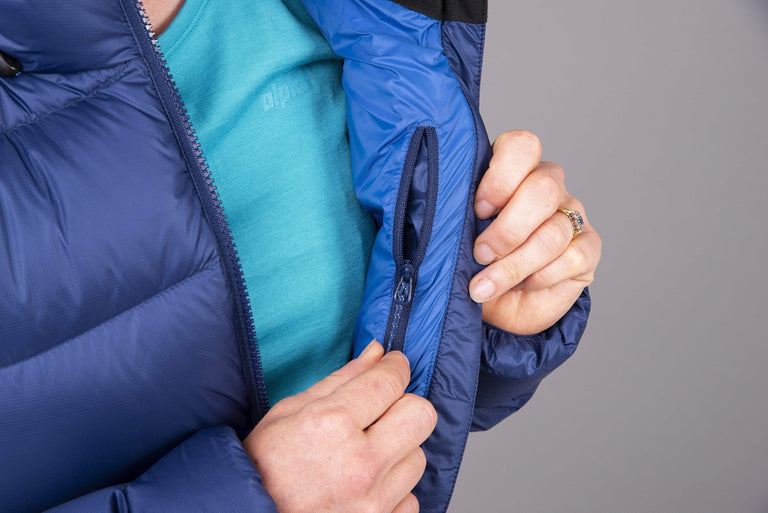 alpkit womens fantom down jacket in demo inside pocket